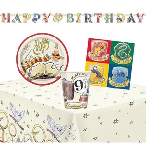 May include: A Harry Potter-themed party set with a "HAPPY BIRTHDAY" banner. The set includes a plate, cups, and napkins with Hogwarts designs. The tablecloth has a pattern of stars and owls.