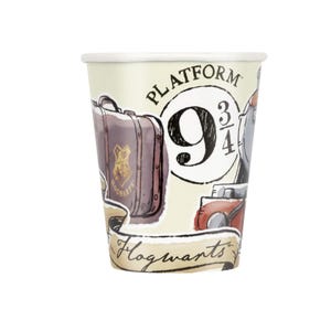 May include: A paper cup with a cream background featuring illustrations of a suitcase, train, and the words "Platform 9 3/4" and "Hogwarts." The cup has a white rim and is designed with a vintage aesthetic.