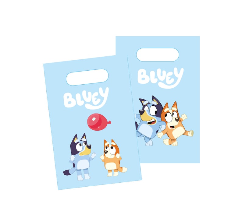 May include: Two blue and orange cartoon dogs on a light blue background. The dogs are holding a red balloon. The text "Bluey" is written in a white, cursive font on the bag.