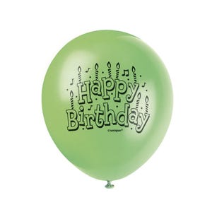 May include: A pale green balloon printed with the words "Happy Birthday" in black, accompanied by musical notes and candle illustrations. The balloon is round and inflated, suitable for a birthday party.