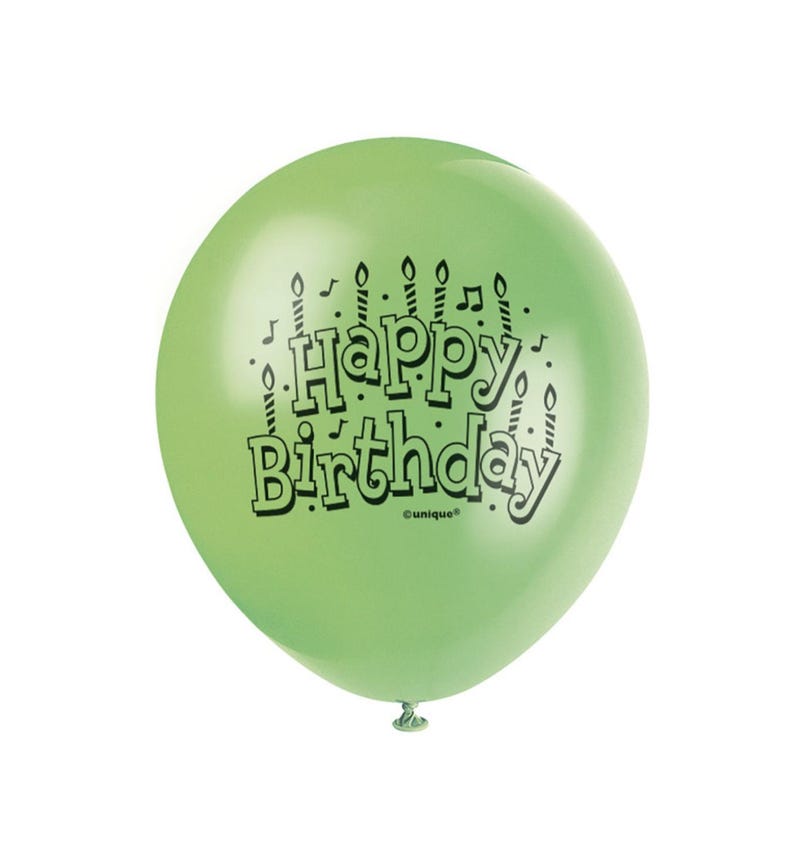 May include: A pale green balloon printed with the words "Happy Birthday" in black, accompanied by musical notes and candle illustrations. The balloon is round and inflated, suitable for a birthday party.