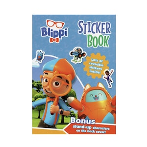 May include: A blue and orange sticker book featuring Blippi, a popular children's character. The cover shows Blippi holding a magnifying glass and a cat-like robot. The book includes reusable stickers and bonus stand-up characters on the back cover.