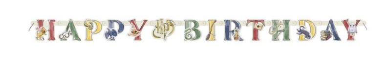 May include: A colourful banner spelling "HAPPY BIRTHDAY". The letters are decorated with illustrations of characters and symbols from a well-known fantasy series, perfect for a themed celebration.