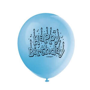 May include: A light blue balloon with the text "Happy Birthday" printed on it. The text is surrounded by black candles and musical notes.