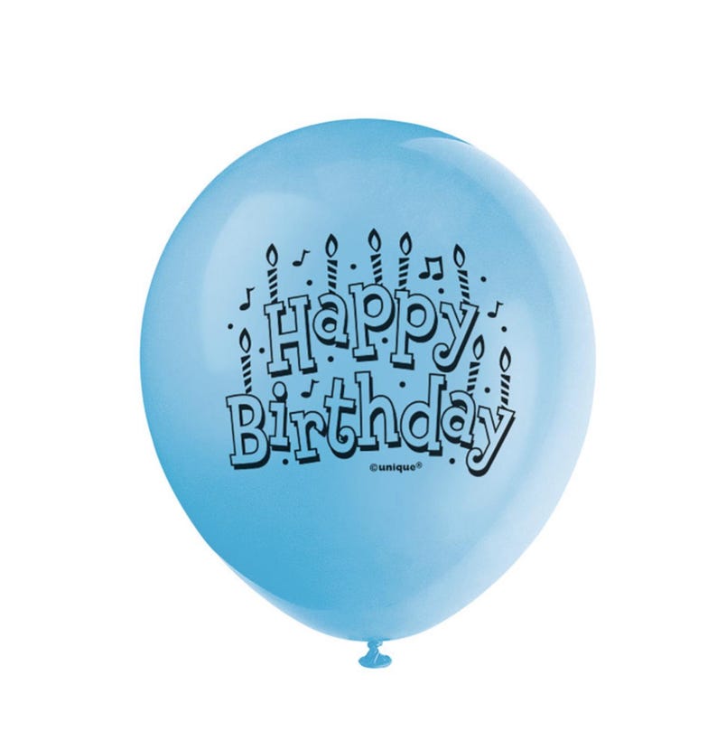 May include: A light blue balloon with the text "Happy Birthday" printed on it. The text is surrounded by black candles and musical notes.