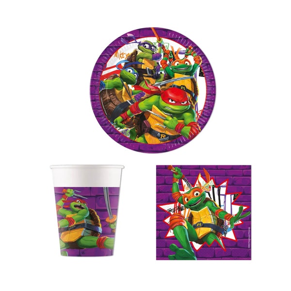 Pack fête Tortue Ninja Teenage Mutant Vaisselle/décorations comprenant assiettes/tasses/serviettes de table/nappe, fête tortue ninja, article TMNT Ninja