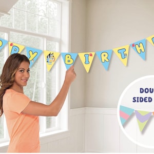 May include: A blue and yellow Happy Birthday banner with cartoon characters. The banner is double-sided and has a red balloon on each flag.