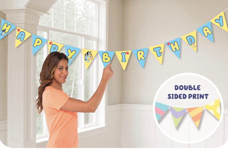 May include: A blue and yellow Happy Birthday banner with cartoon characters. The banner is double-sided and has a red balloon on each flag.