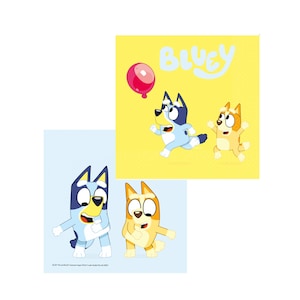May include: Two illustrations of Bluey and Bingo, characters from the animated television show Bluey. The first illustration shows Bluey and Bingo running with a red balloon. The second illustration shows Bluey and Bingo dancing. Both illustrations have a yellow background with the word "Bluey" at the top.