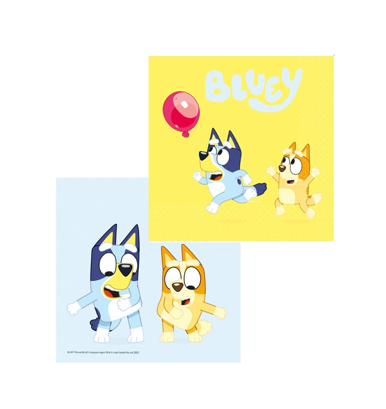 May include: Two illustrations of Bluey and Bingo, characters from the animated television show Bluey. The first illustration shows Bluey and Bingo running with a red balloon. The second illustration shows Bluey and Bingo dancing. Both illustrations have a yellow background with the word "Bluey" at the top.