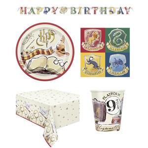 May include: A selection of Harry Potter party supplies, including a plate, napkins, cups, and a tablecloth. The plate features iconic imagery like the Sorting Hat and a scarf. The banner reads "HAPPY BIRTHDAY".