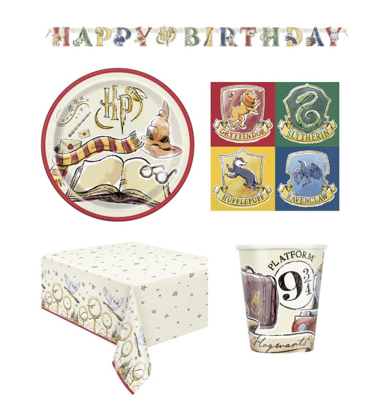 May include: A selection of Harry Potter party supplies, including a plate, napkins, cups, and a tablecloth. The plate features iconic imagery like the Sorting Hat and a scarf. The banner reads "HAPPY BIRTHDAY".