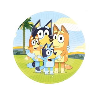 May include: A set of four blue, orange, and yellow cartoon dogs on a green and white paper plate. The dogs are smiling and hugging each other. The plate has a palm tree and a blue sky in the background.