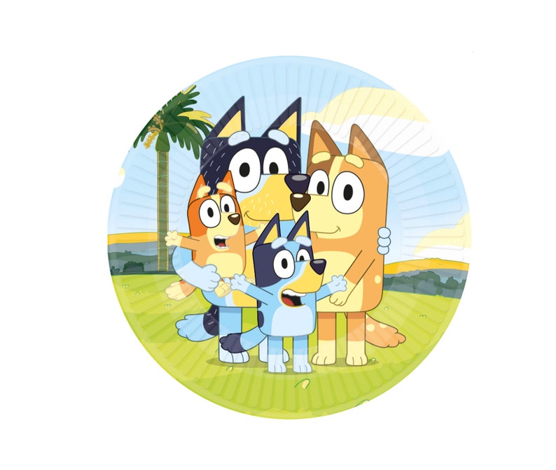 May include: A set of four blue, orange, and yellow cartoon dogs on a green and white paper plate. The dogs are smiling and hugging each other. The plate has a palm tree and a blue sky in the background.