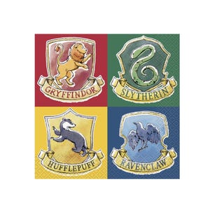 May include: Square paper napkins with the crests of the four Hogwarts houses: Gryffindor, Slytherin, Hufflepuff, and Ravenclaw. Each crest is set against a coloured background: red, green, yellow, and blue. The house names are written on banners.