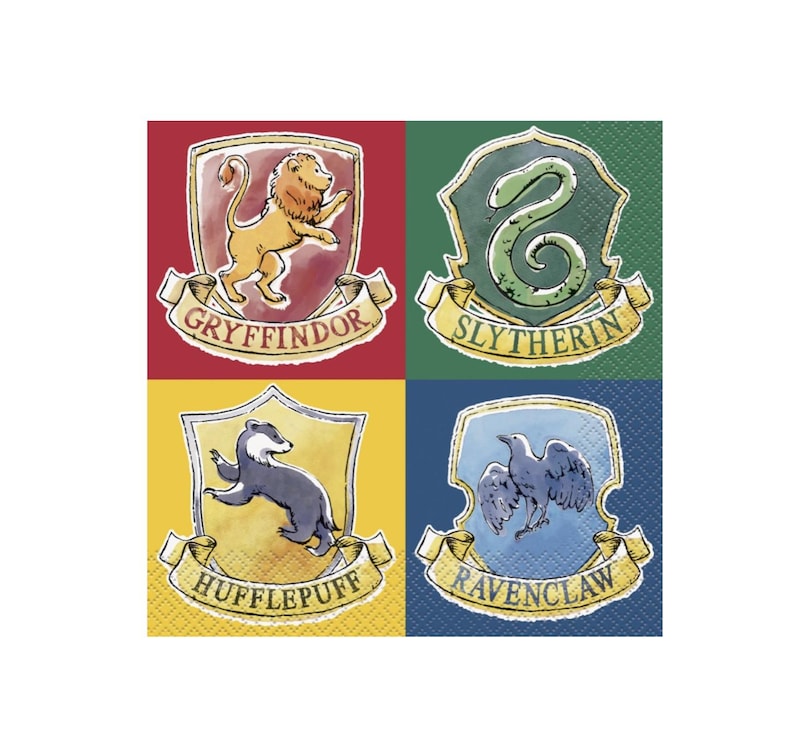 May include: Square paper napkins with the crests of the four Hogwarts houses: Gryffindor, Slytherin, Hufflepuff, and Ravenclaw. Each crest is set against a coloured background: red, green, yellow, and blue. The house names are written on banners.