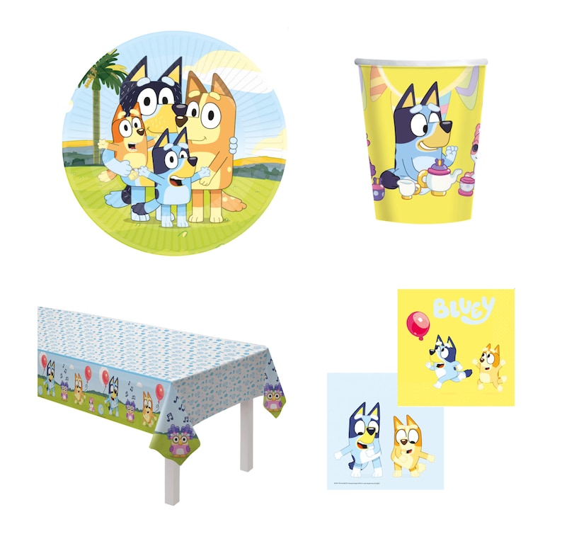 May include: Bluey party supplies featuring a blue and orange dog with a yellow background. The set includes a round paper plate, a paper cup, a table cover, and two napkins.