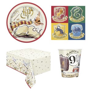 May include: A selection of Harry Potter themed party supplies. Includes a round plate with a red border, house crests, a tablecloth with owls and golden snitches, and a cup with Platform 9 3/4 and Hogwarts text.
