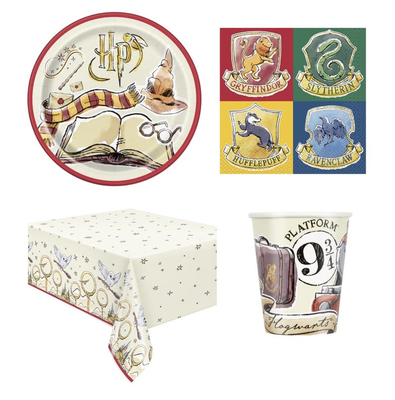 May include: A selection of Harry Potter themed party supplies. Includes a round plate with a red border, house crests, a tablecloth with owls and golden snitches, and a cup with Platform 9 3/4 and Hogwarts text.