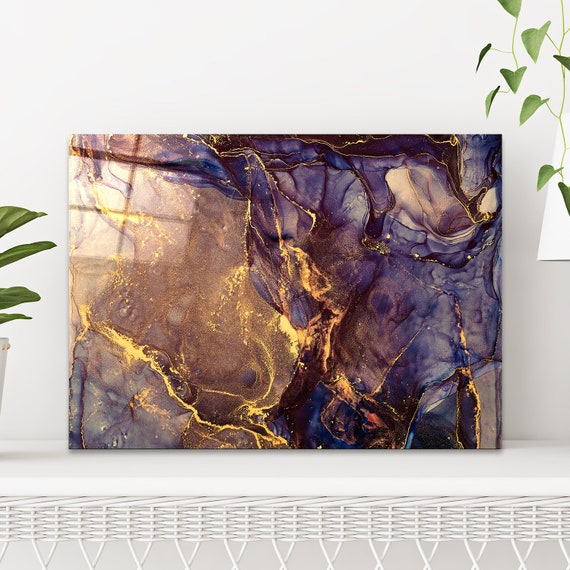 Tempered Glass Wall Art Gold and Purple Large Wall Art Etsy