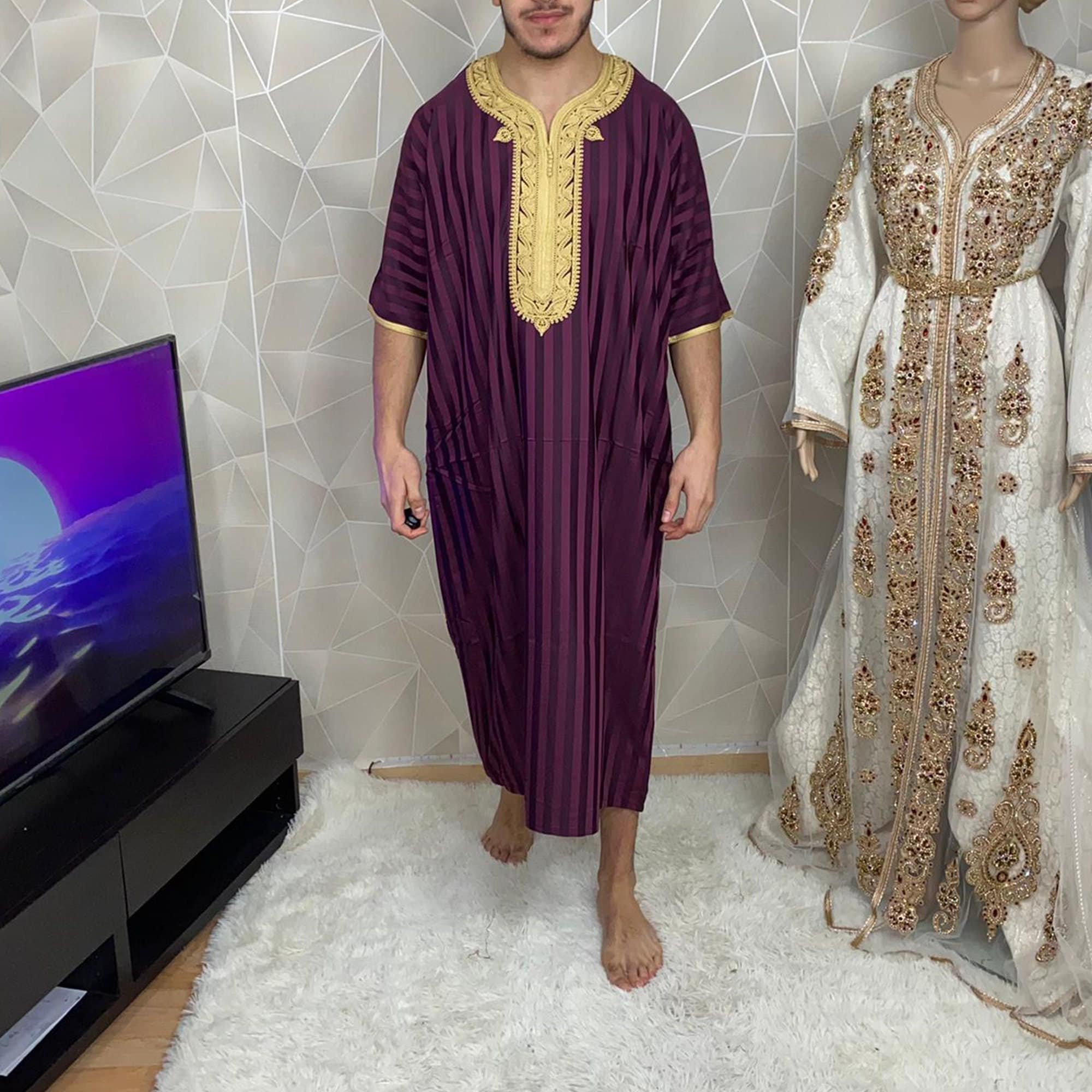 ARTIBY Qamis Arabe Pure Color Men - Kaftan de vêtements islamiques pour  Hommes