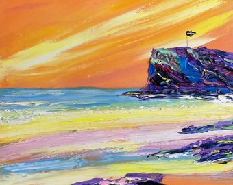 Perranporth Sunset impasto oil painting, 30cm x 30cm