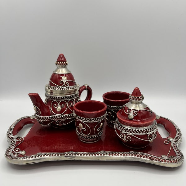 Service à Thé Délice Marocain Rubis - Céramique Rouge avec Motifs Argentés Lustres