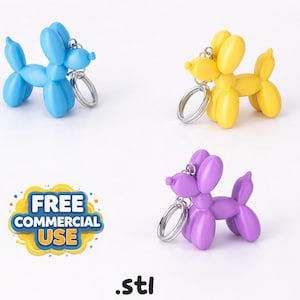 Puede incluir: Llaveros con forma de perro globo en azul, amarillo y morado. Cada llavero tiene un anillo de color plateado. La imagen también incluye un gráfico que dice "FREE COMMERCIAL USE" y las letras ".stl".