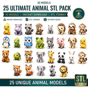May include: A digital collection titled 25 Ultimate Animal STL Pack featuring 25 unique 3D models of various animals including a duck, hippo, raccoon, otter, rhino, hedgehog, sloth, monkey, penguin, turtle, owl, frog, cat, pig, dog, bear, tiger, koala, giraffe, panda, rabbit, red panda, fox, elephant, zebra, and lion.