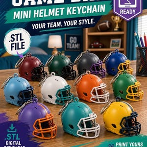 May include: A collection of eleven miniature football helmet keychains in various solid colors including maroon, green, gray, blue, light blue, white, orange, purple, teal, and yellow, each featuring a contrasting face mask and a metal ring.