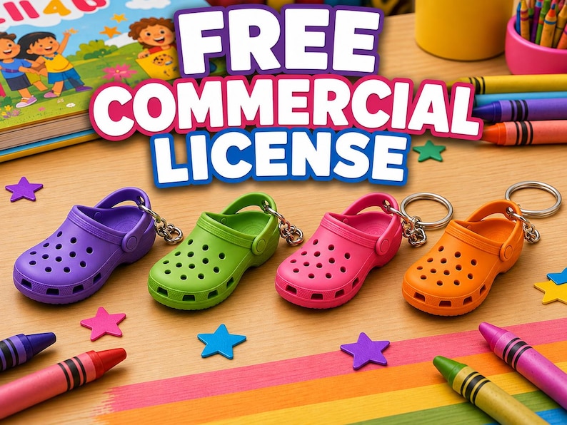 May include: Four miniature clog-style keychains in purple, green, pink, and orange, each featuring a metal ring. The image includes the text "FREE COMMERCIAL LICENSE" in large white letters with a blue outline, surrounded by colourful crayons and stars.
