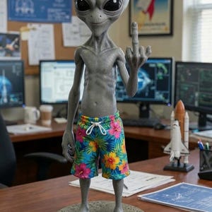Könnte beinhalten: Eine graue Alien-Figur, die auf einem strukturierten, runden Sockel steht. Die Figur hat große schwarze Augen und trägt eine leuchtend blaue Badehose mit einem bunten Blumenmuster aus rosa und gelben Hibiskusblüten sowie schwarze Flip-Flops.