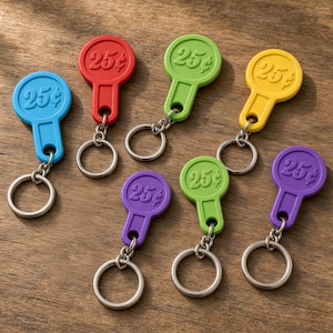 May include: A collection of seven plastic keychains in blue, red, light green, yellow, purple, and dark green. Each keychain features a circular top embossed with the text 25 cents and a metal split ring attached to the bottom for holding keys.