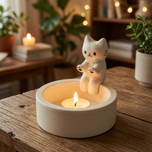 Pode incluir: Um suporte de vela em cerâmica branca com uma pequena figura de gato pousada na borda de uma base circular. O gato tem olhos, nariz, bigodes e almofadas das patas pintados de preto. Uma vela acesa está colocada no centro do suporte.