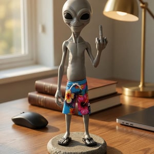 Puede incluir: Figura de alienígena gris con un bañador azul floral y sandalias negras. El alienígena está mostrando el dedo medio. La figura está sobre una base de piedra en un escritorio de madera, con una lámpara y libros.