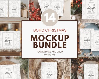 Boho Christmas Card Mockup Bundle, 5x7 Canva Template, 14 Designs