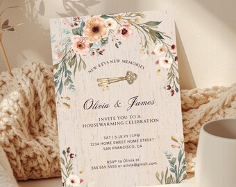 Floral Housewarming Invitation | New Keys New Memories Editable Template | Rustic Boho Design