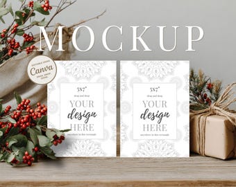 Boho Christmas Card Mockup, 5x7 Invitation Canva Template