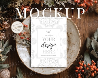 5x7 Christmas Invitation Mockup, Boho Holiday Card, Rustic Canva Template Flat Lay