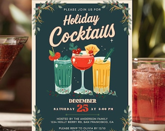 Retro Holiday Cocktails Party Invitation Template | Editable Canva Instant Download