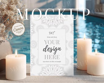 5x7 Card Mockup, Minimal Boho Poolside Candle Scene