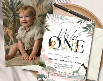 Wild One Jungle Animal Safari 1st Birthday Party Invitation | Editable Canva Template