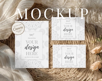 Invitation Suite Mocku, 5x7 & 5x3.5 Cards, Boho Natural Flat Lay Canva Template