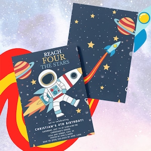 May include: Two navy blue birthday invitations with a space theme. One features an astronaut and rocket with the text "REACH FOUR THE STARS". The other shows a rocket and planets. Includes party details.