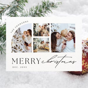 Cartão de Natal minimalista com 4 fotos, cartão de felicitações de Natal personalizado com foto de família, modelo de cartão de Natal personalizado