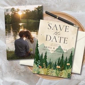Rustikale Save the Date Karte, doppelseitige Vorlage, Waldhochzeitseinladung, Hochzeitsankündigung, Berghochzeit