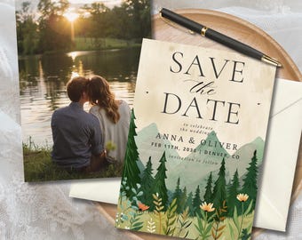 Rustic Forest Save the Date Card: Mountain Wedding (Digital Download)
