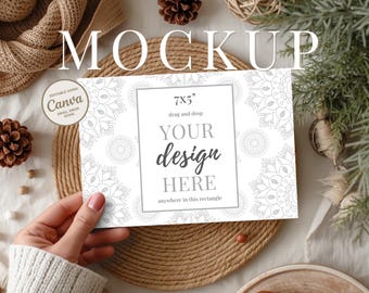7x5 Christmas Card Mockup, Boho Rustic Holiday Flat Lay (Canva Editable)