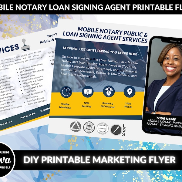 DIY Mobile Notary Loan Signing Agent Printable Marketing Flyer Template - Blue and Yellow