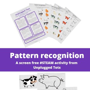 May include: A printable worksheet for kids to practice pattern recognition with farm animals. The worksheet features a cow, pig, sheep, horse, duck, and chick. The text on the worksheet says "Unplugged Tots Farm Animals Pattern Recognition".
